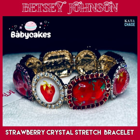 Betsey Johnson Babycakes Strawberry Stretch Bracelet Red Pink Crystal Food Berry - Picture 3 of 11